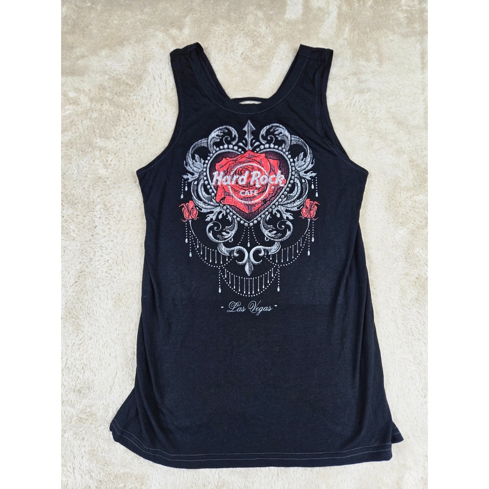 Hard Rock Cafe Las Vegas Tank Top Womens L Black Rose Tattoo Graphic V Neck